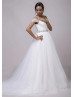 Off Shoulder Sweetheart Neck Beaded White Tulle Wedding Dress